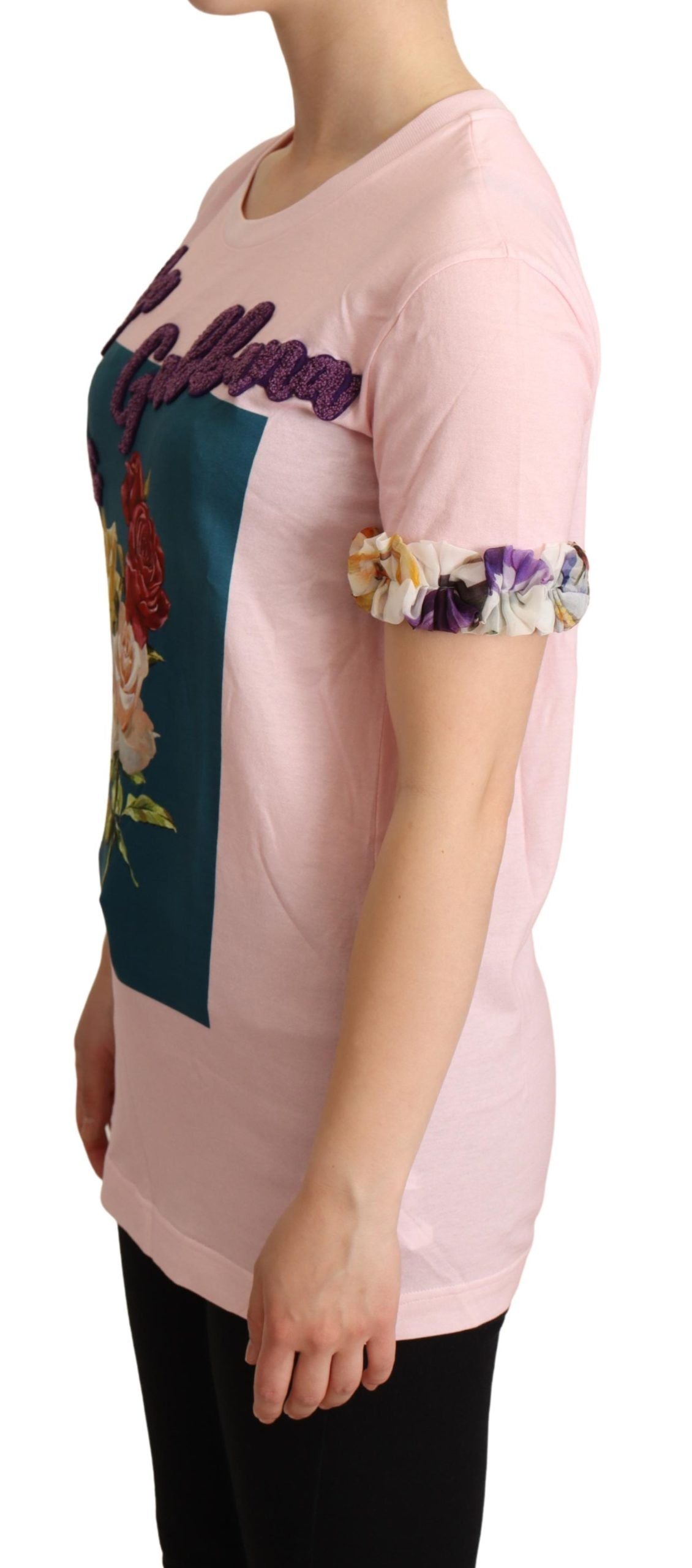 T-shirt à col rond en coton rose à motifs de roses de Dolce & Gabbana