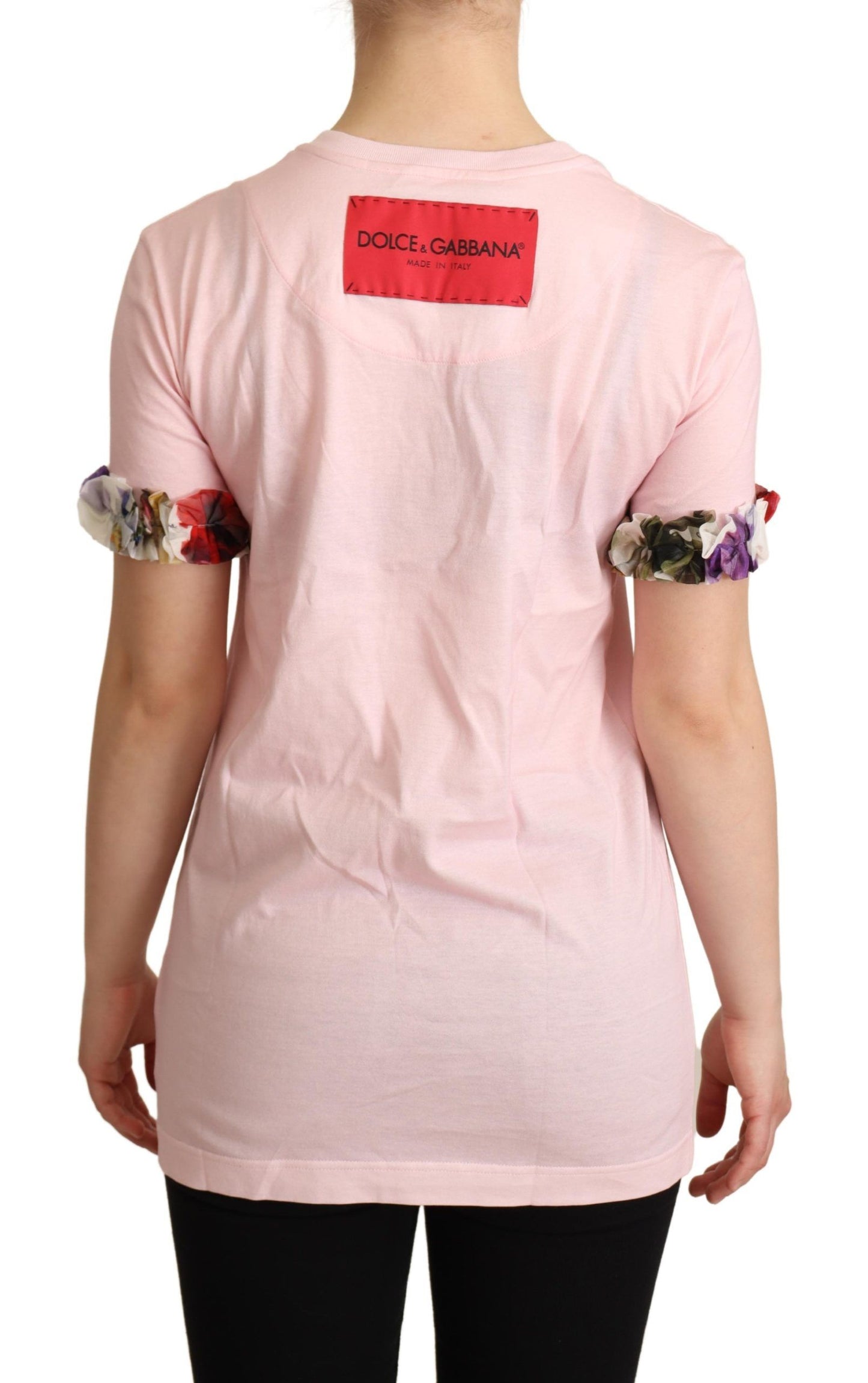 T-shirt à col rond en coton rose à motifs de roses de Dolce & Gabbana