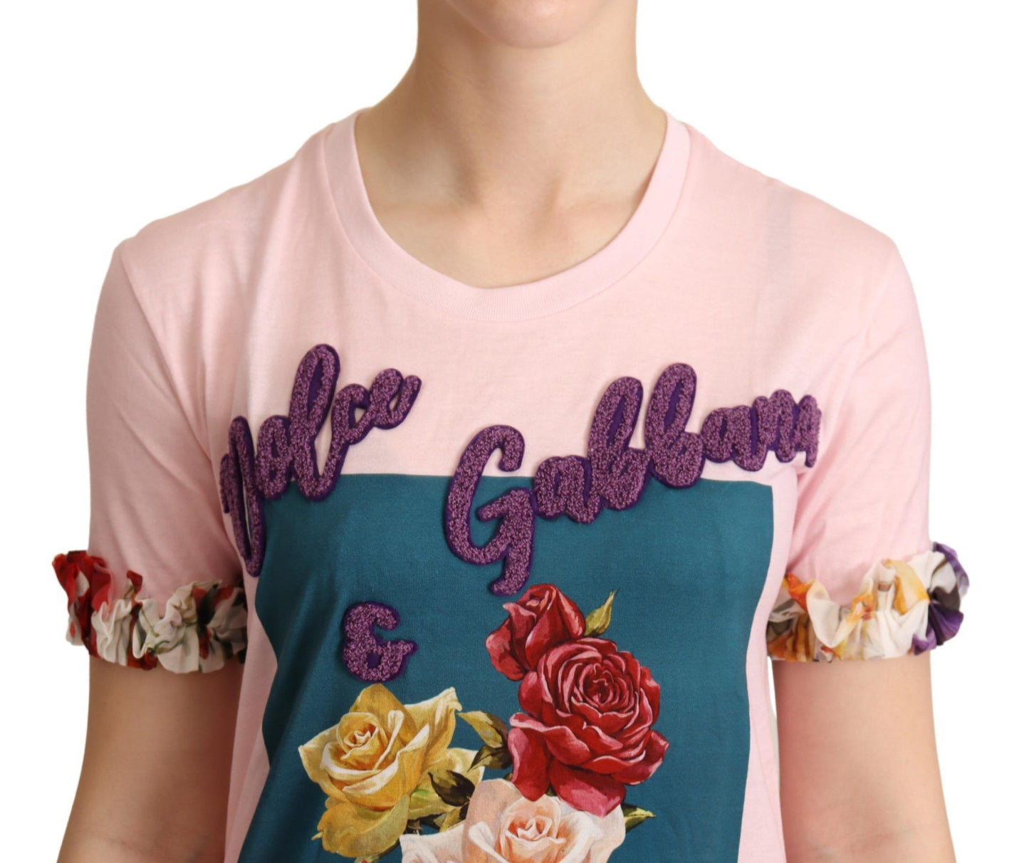 T-shirt à col rond en coton rose à motifs de roses de Dolce & Gabbana