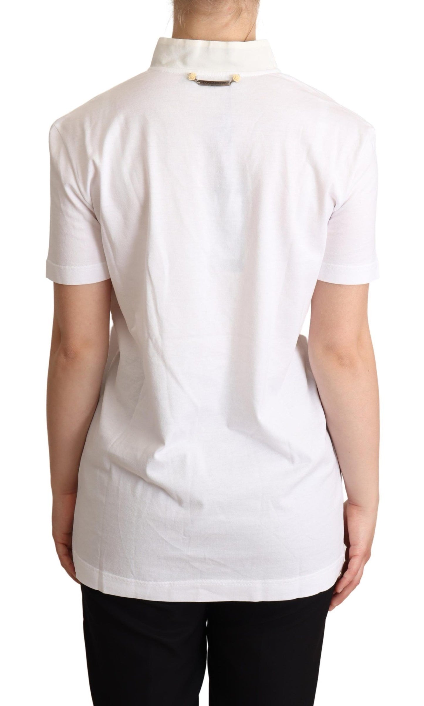T-shirt Dolce & Gabbana en coton et soie mélangés, col Ascot, blanc.
