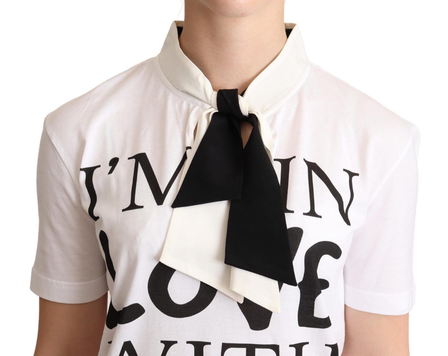 T-shirt Dolce & Gabbana en coton et soie mélangés, col Ascot, blanc.