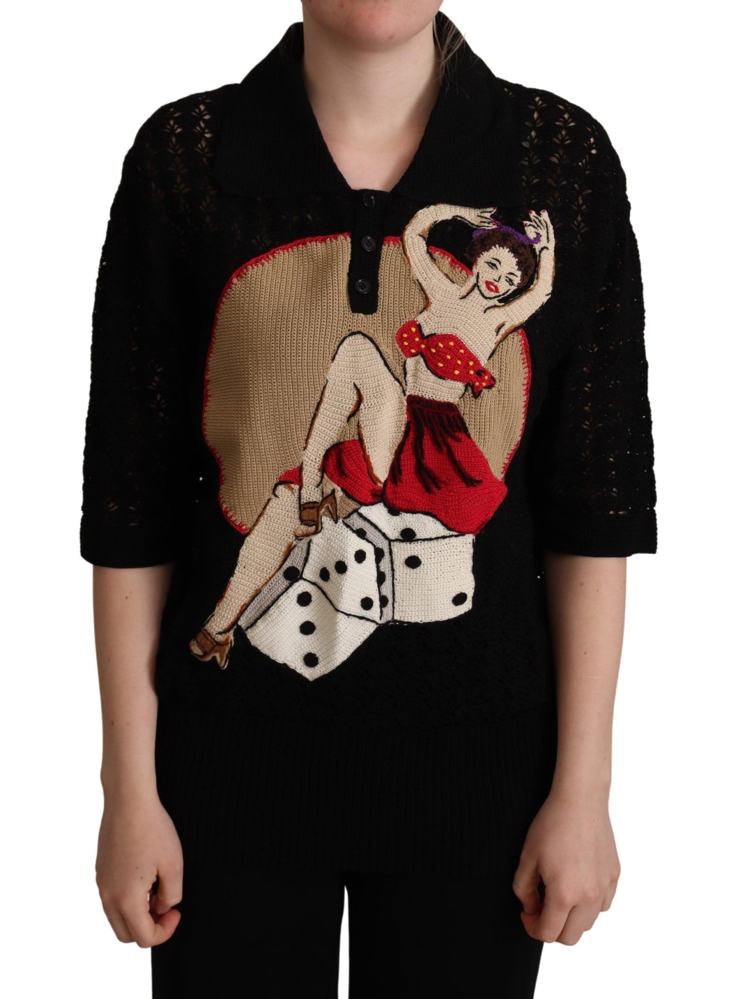 Pull en coton noir brodé à maille de Dolce & Gabbana