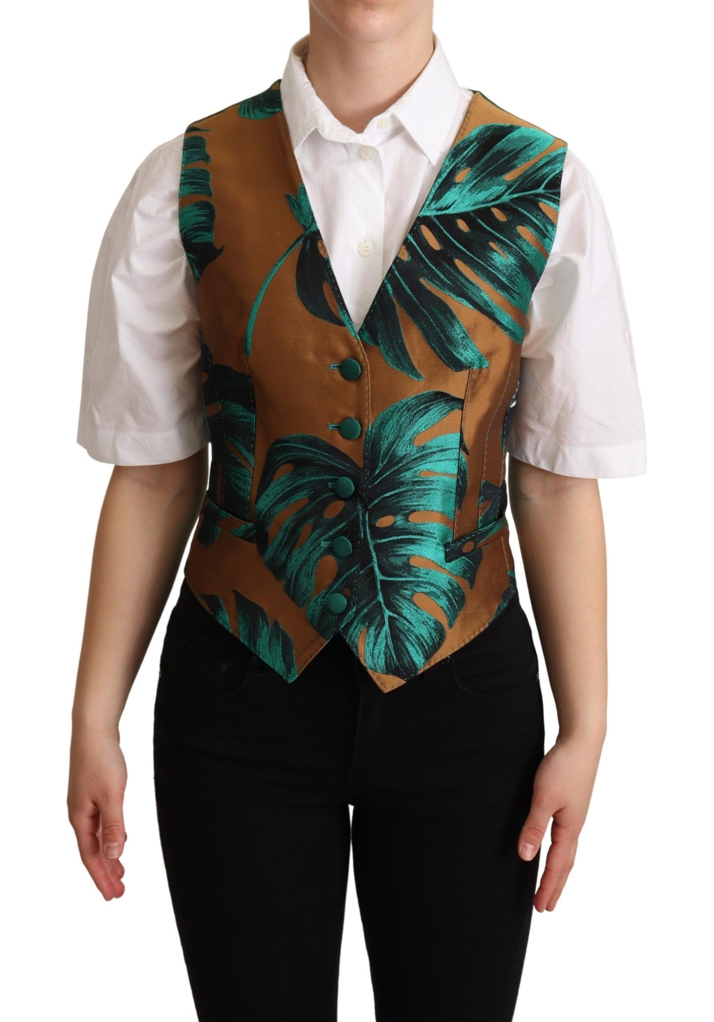 Gilet sans manches vert en jacquard à motifs feuilles dorées de Dolce & Gabbana