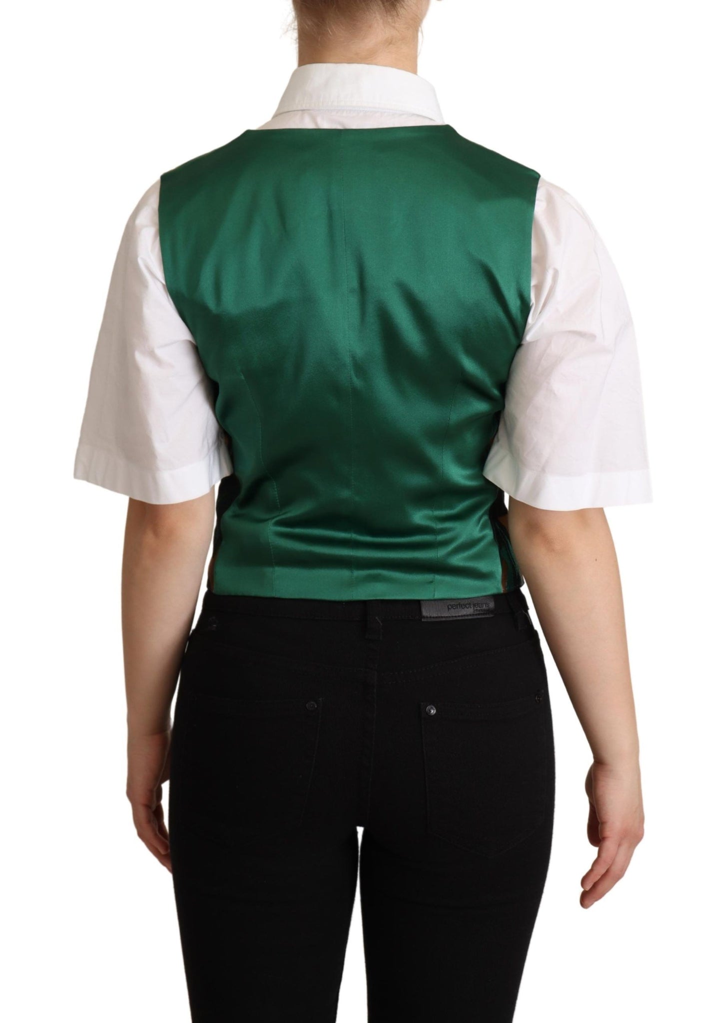 Gilet sans manches vert en jacquard à motifs feuilles dorées de Dolce & Gabbana