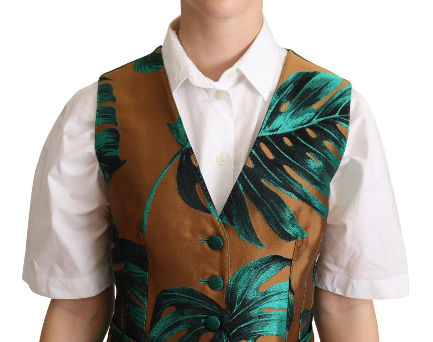 Gilet sans manches vert en jacquard à motifs feuilles dorées de Dolce & Gabbana