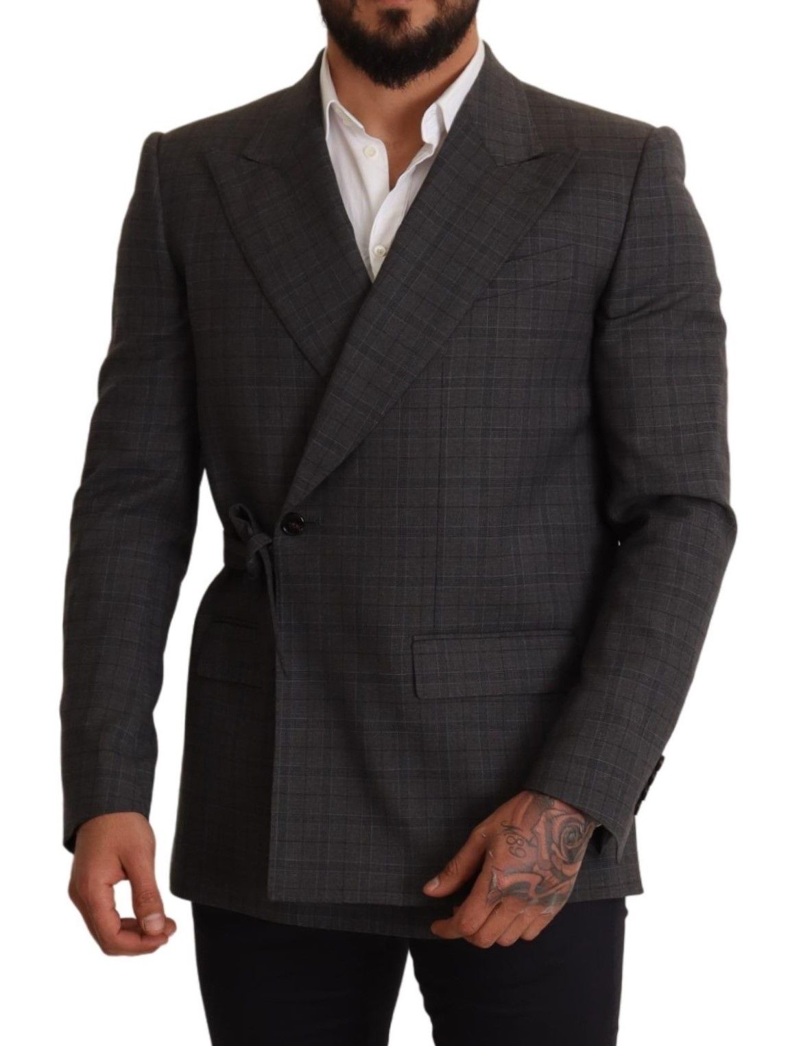 Dolce & Gabbana - Blazer en laine à carreaux gris, coupe ajustée