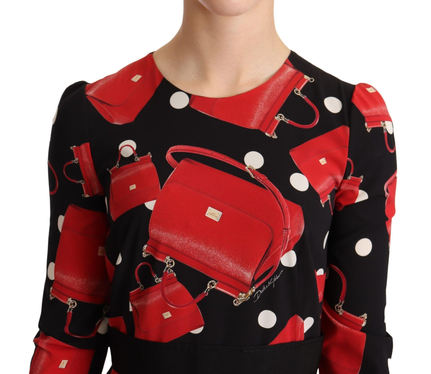 Dolce & Gabbana zwarte, zwierige midi-jurk met print van de Sicily-tas.