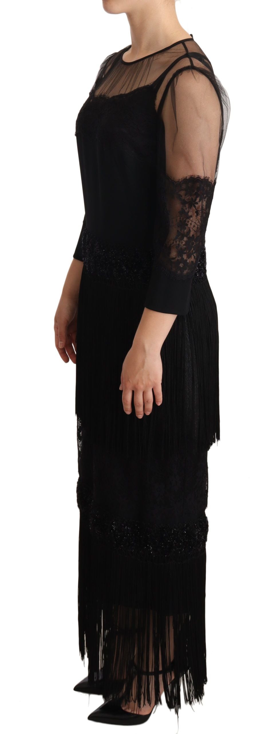 Robe Maxi en Dentelle Florale Transparent Noire avec Cristaux de Dolce & Gabbana