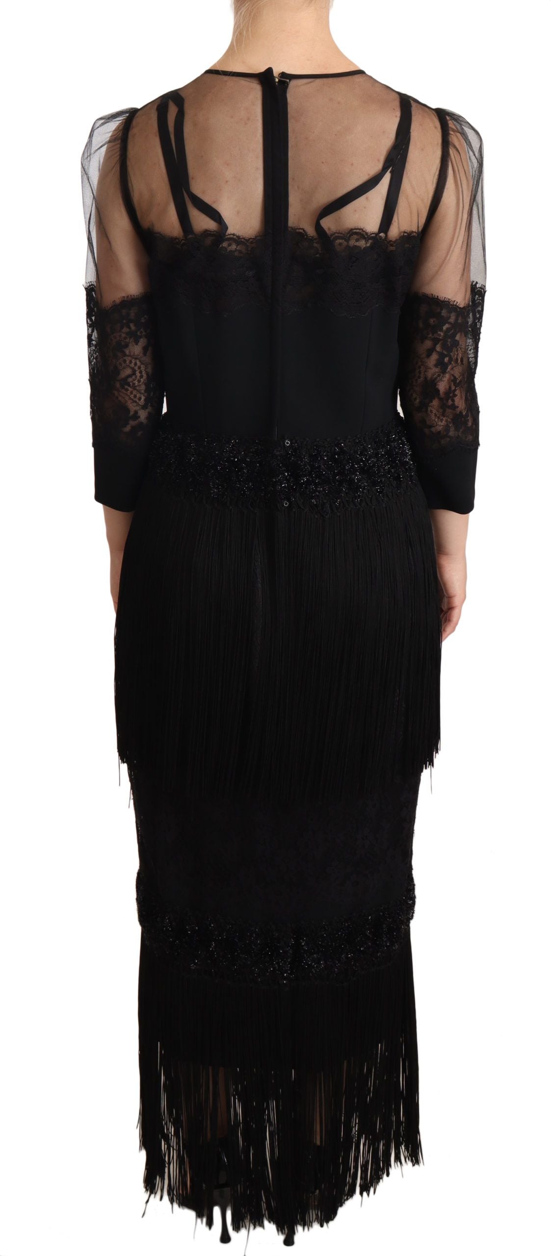 Robe Maxi en Dentelle Florale Transparent Noire avec Cristaux de Dolce & Gabbana