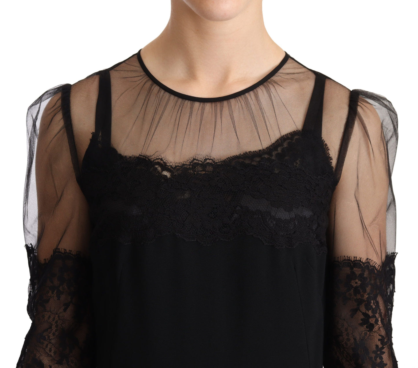 Robe Maxi en Dentelle Florale Transparent Noire avec Cristaux de Dolce & Gabbana