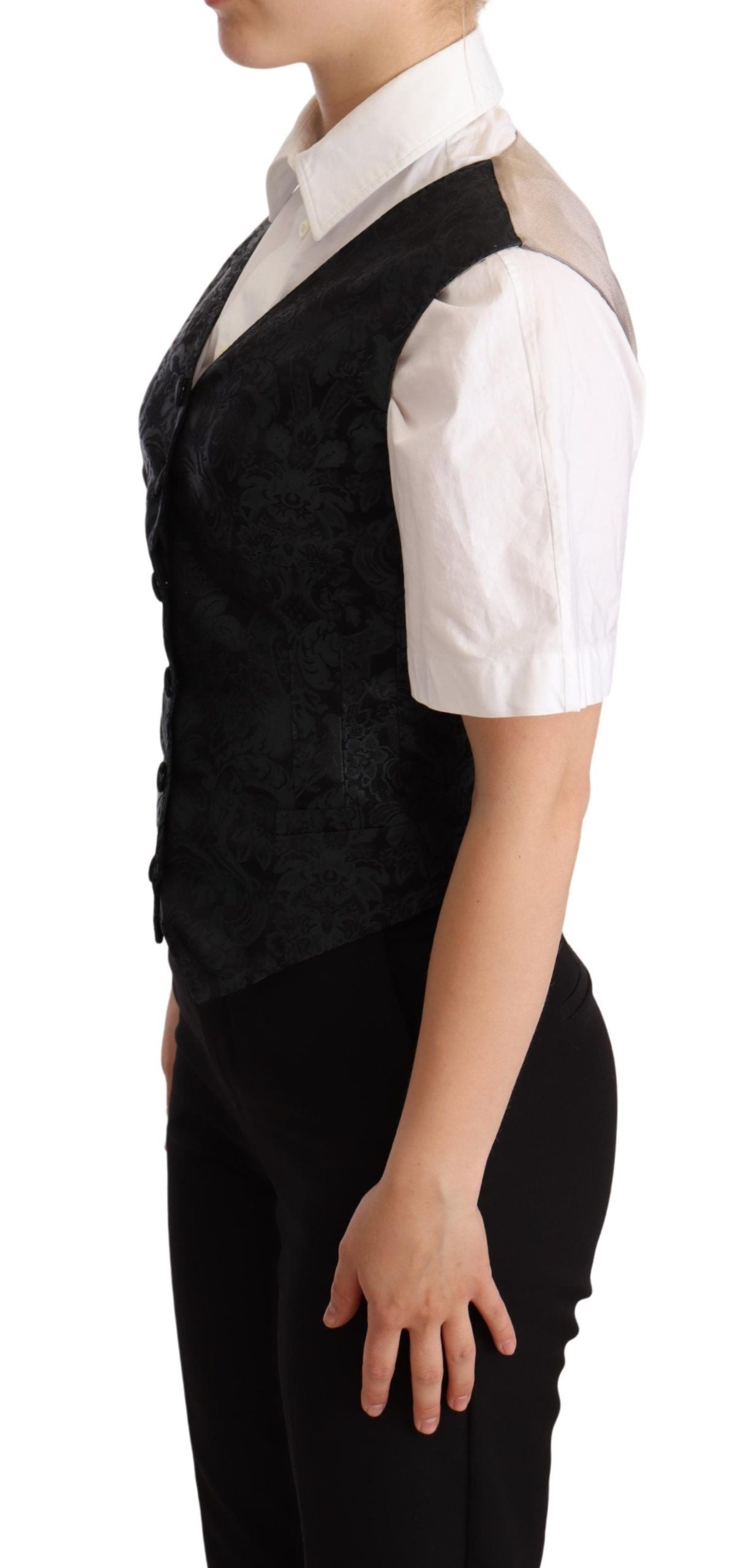 Dolce & Gabbana Zwarte Jacquard Vest met Bloemenprint Groen