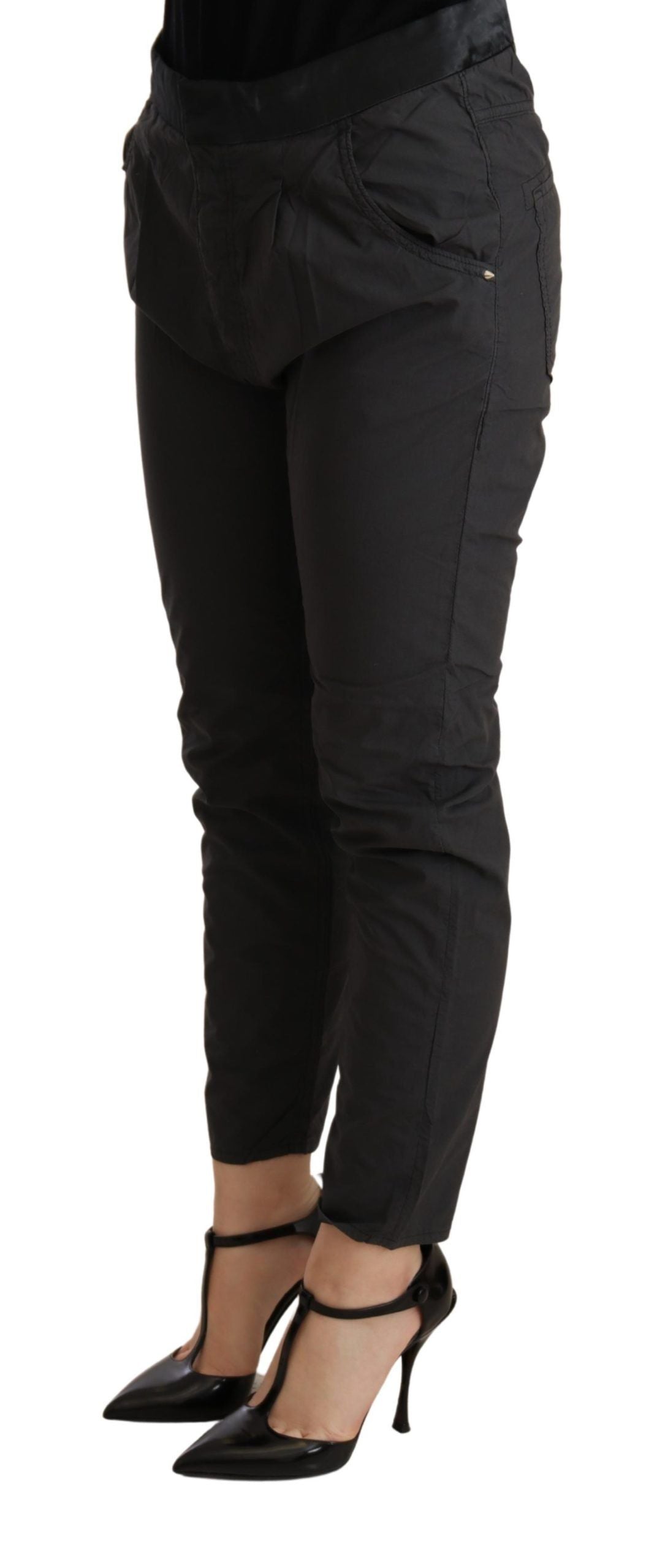 CYCLE Grijs, middelhoge taille, smalle, aansluitende katoenen broek