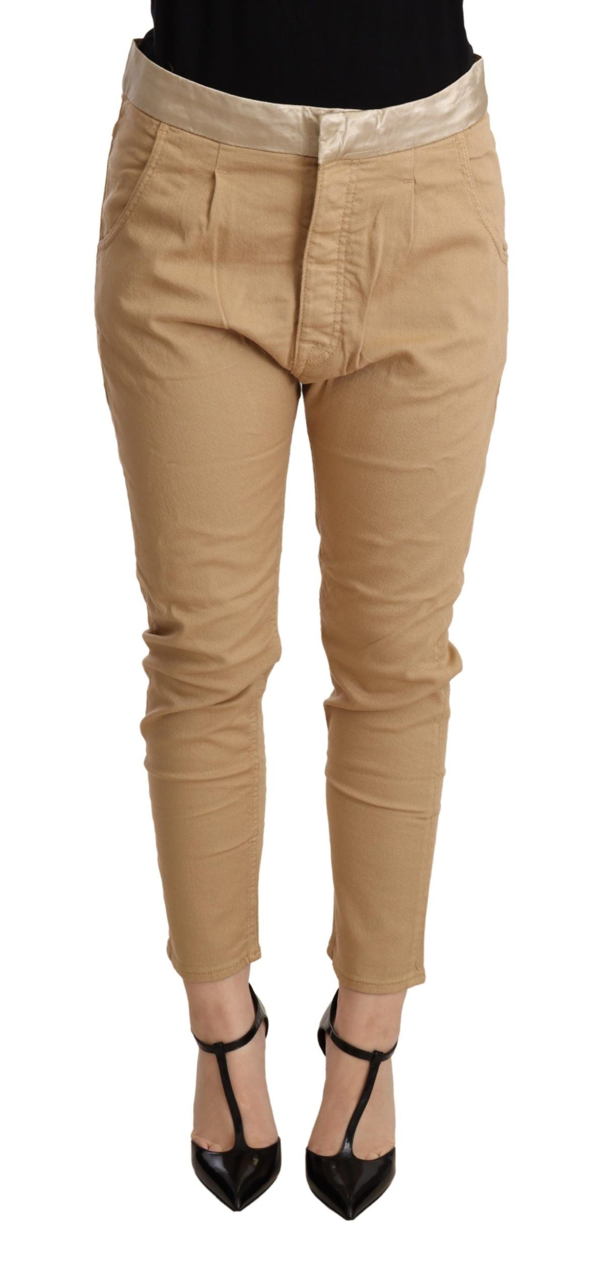 CYCLE Beige broek met hoge taille, smalle pasvorm en stretchmateriaal