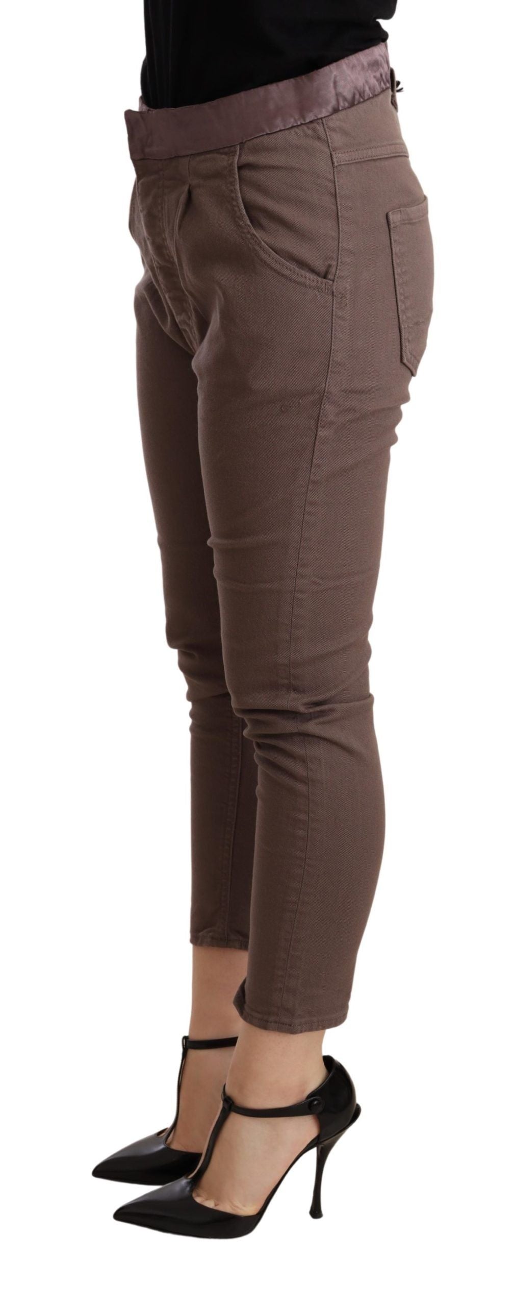 CYCLE Bruine, middelhoge taille, cropped, strakke stretchbroek