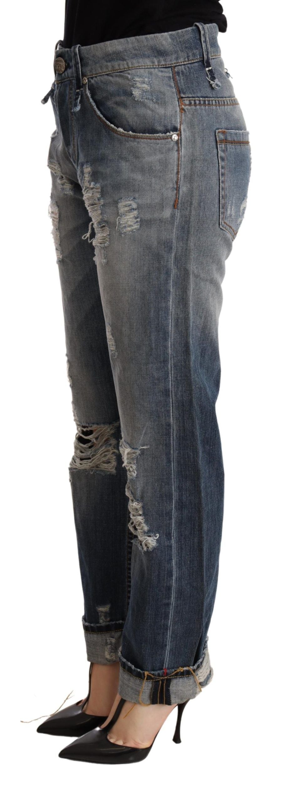 Pantalon en jean droit taille mi-hauteur, bleu déchiré, Acht.