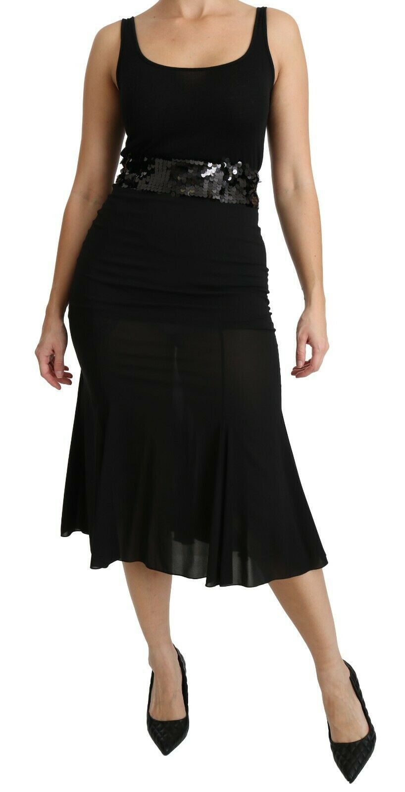 Jupe mi-longue en soie noire à taille haute, style sirène, de Dolce & Gabbana.