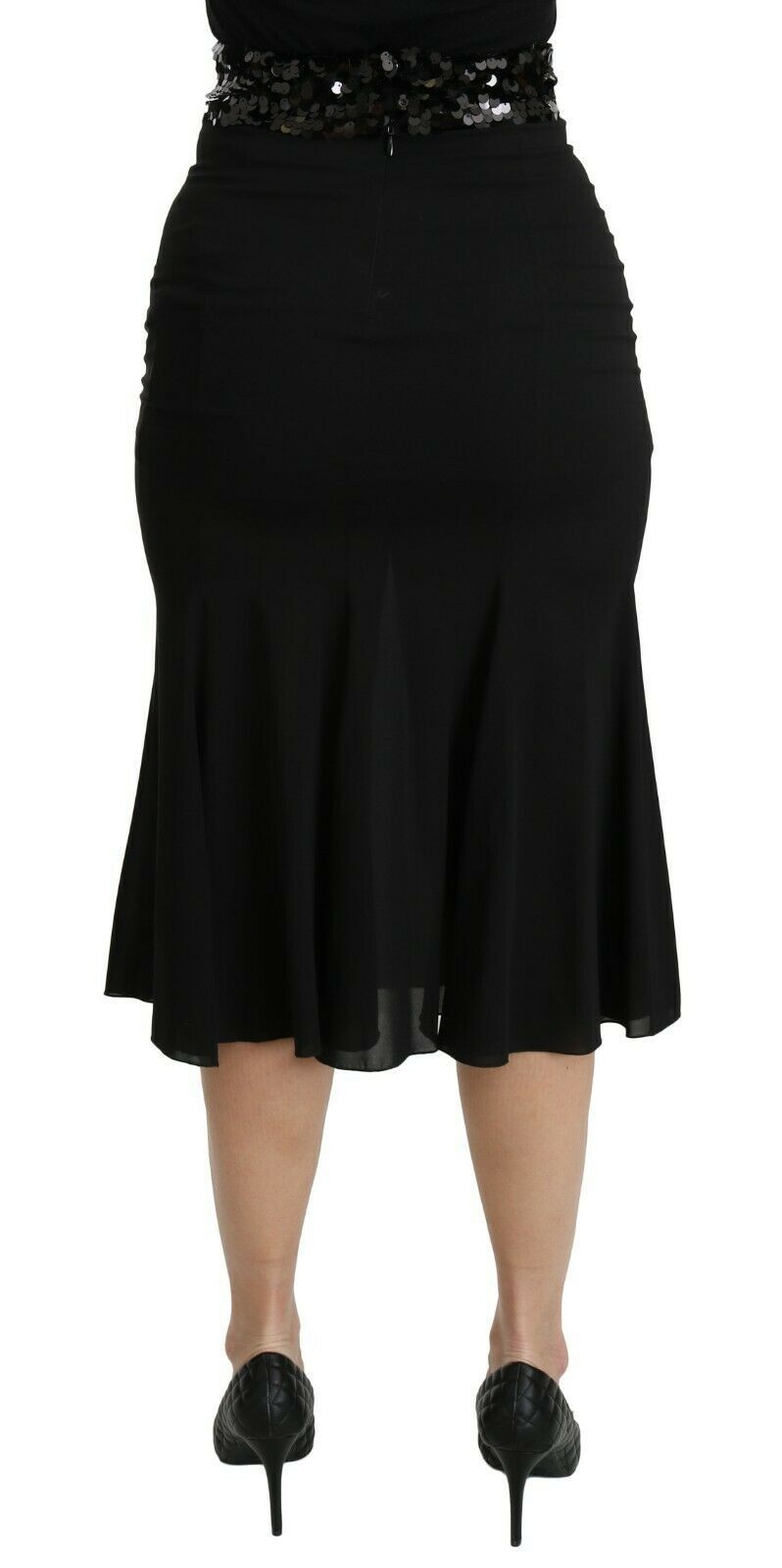 Jupe mi-longue en soie noire à taille haute, style sirène, de Dolce & Gabbana.
