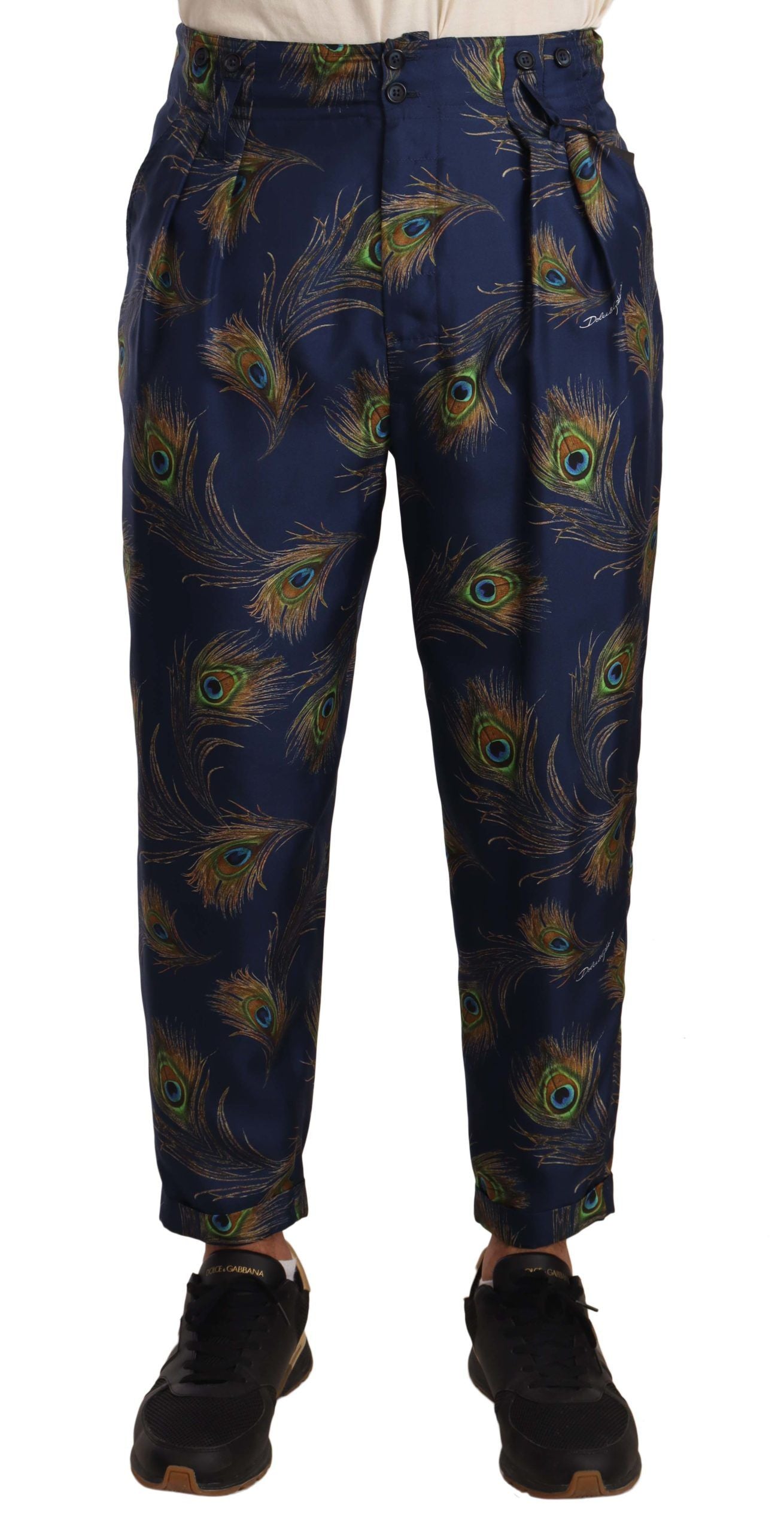 Pantalon en soie à imprimé paon bleu et coupe évasée de Dolce & Gabbana