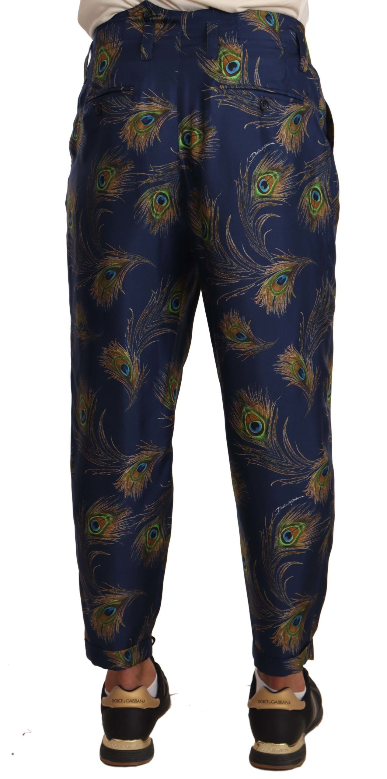 Pantalon en soie à imprimé paon bleu et coupe évasée de Dolce & Gabbana
