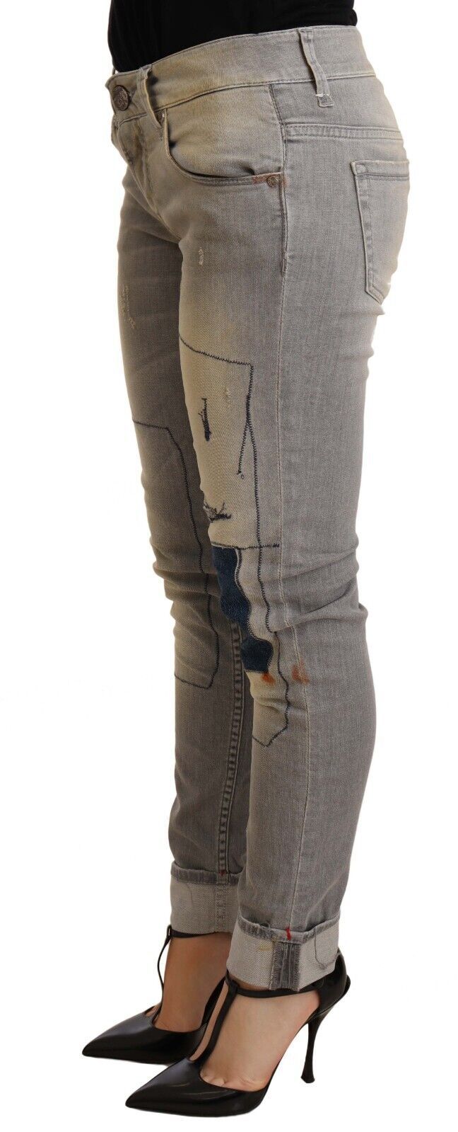 Acht grijze katoenen, smalle, opgeronde broekspijden jeans voor dames