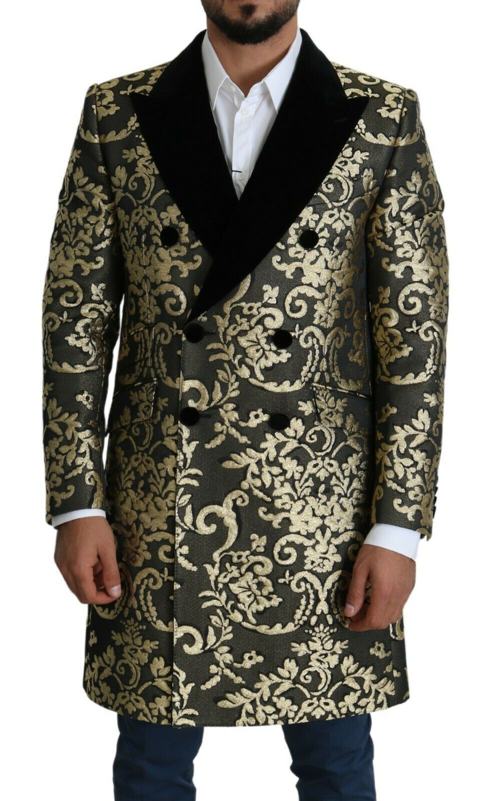 Dolce & Gabbana Long manteau SICILIA en jacquard noir et or