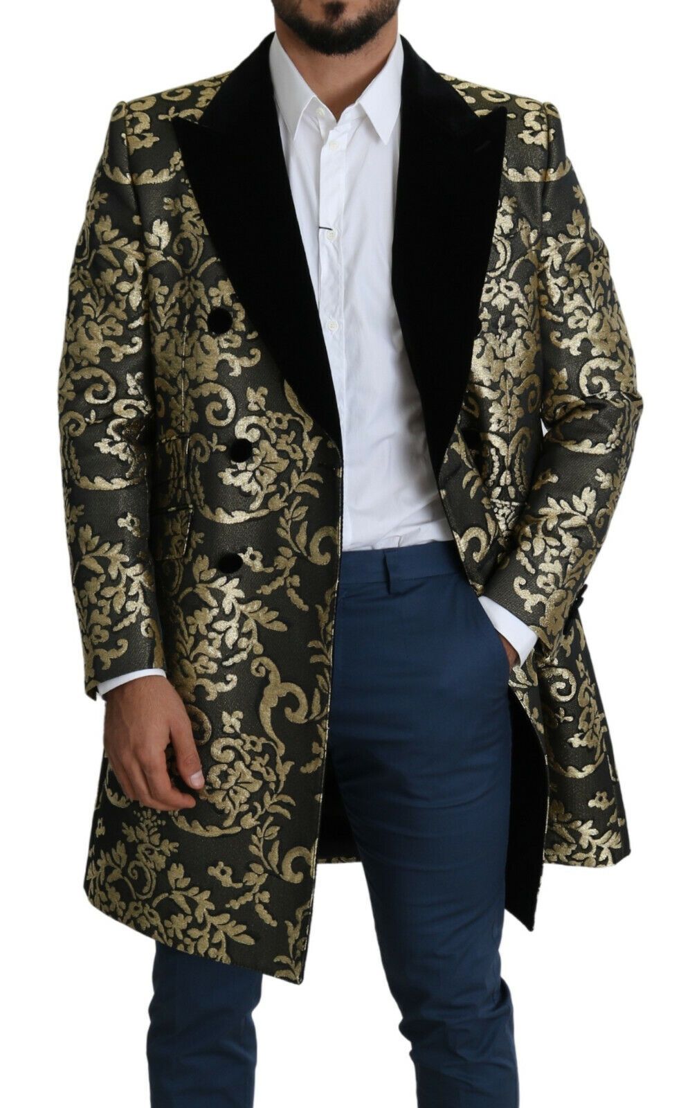 Dolce & Gabbana Long manteau SICILIA en jacquard noir et or