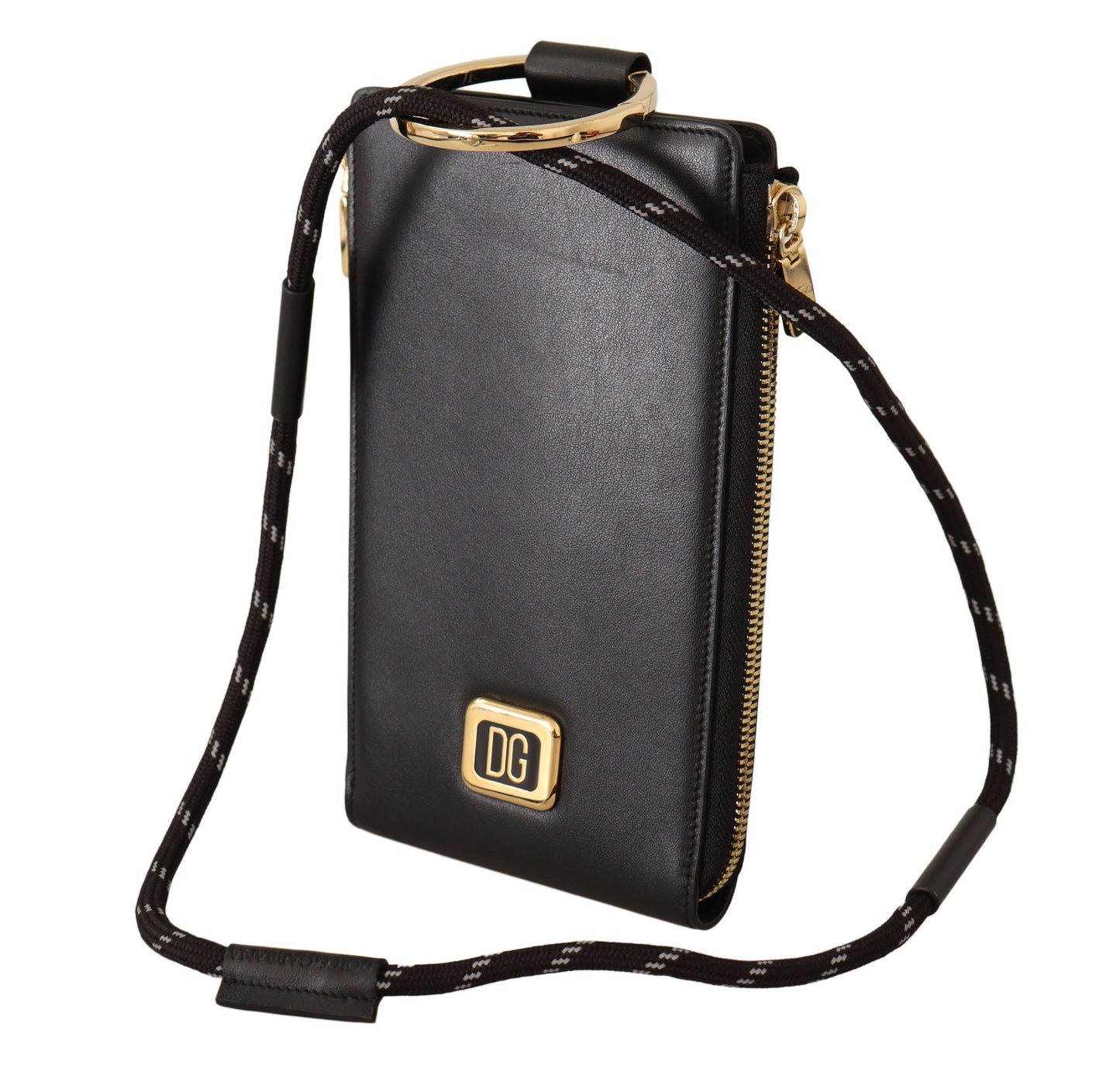 Portefeuille tour de cou en cuir noir Dolce & Gabbana avec plaque logo et porte-cartes