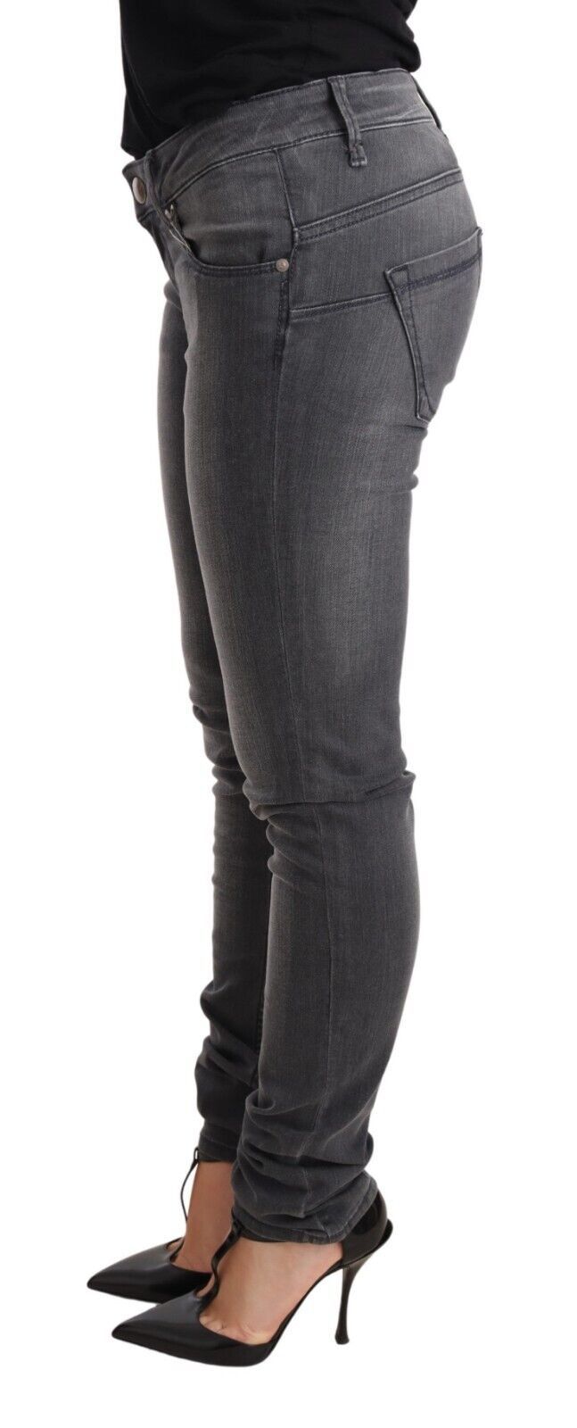 Pantalon en jean pour femme, taille basse, coupe slim, coton délavé gris, Acht.
