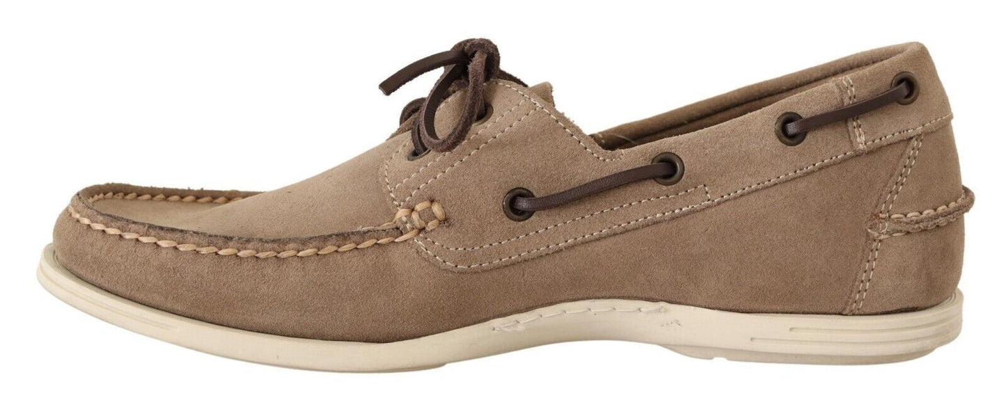 Chaussures décontractées homme, mocassins à bout rond en daim beige Pollini.