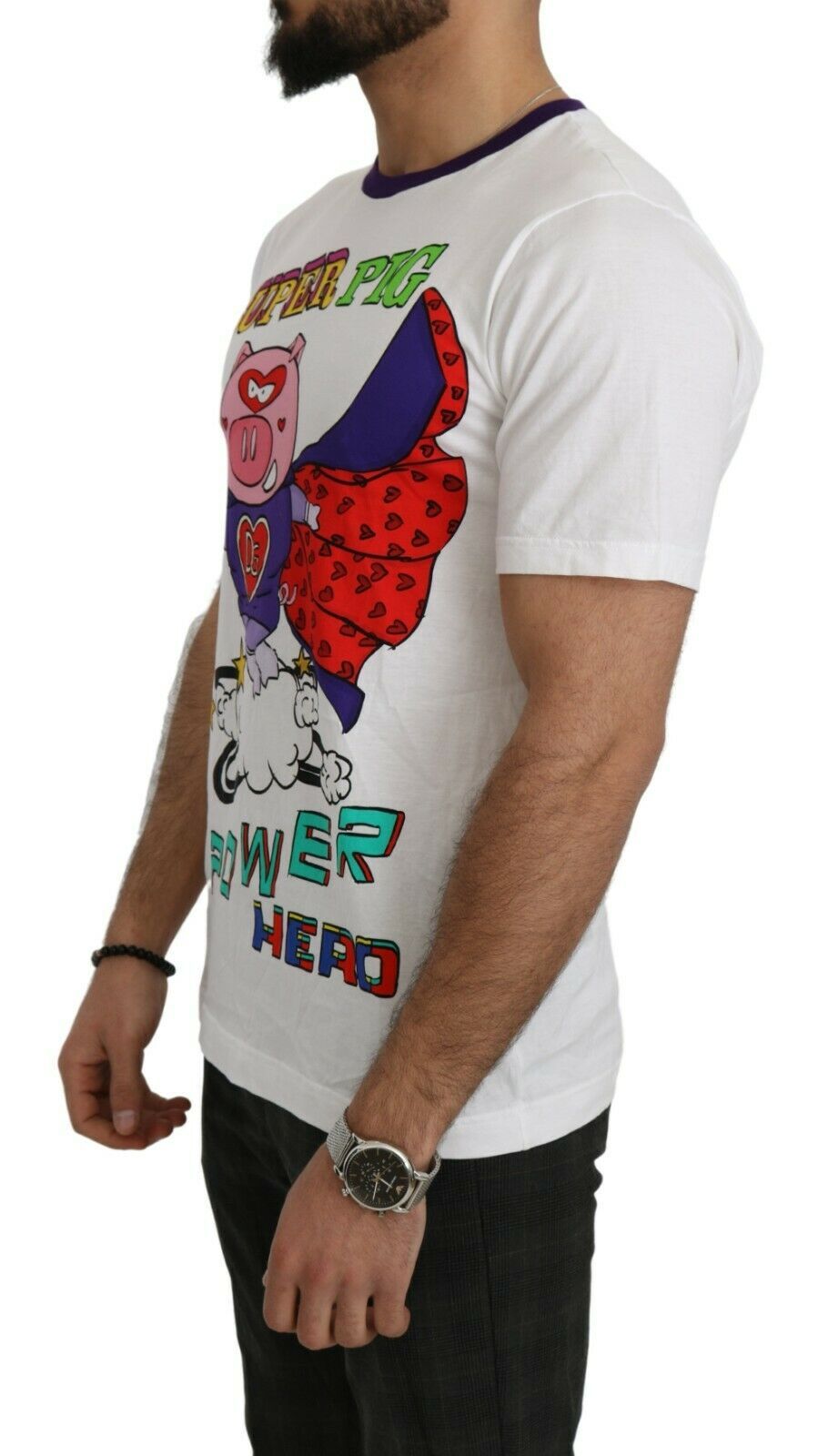 T-shirt blanc en coton à motif Super Power Pig de Dolce & Gabbana