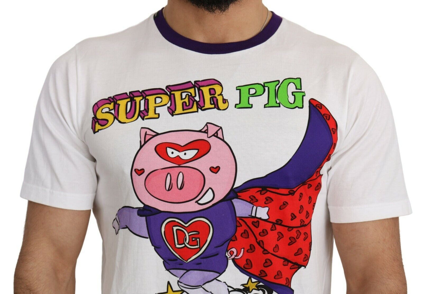 T-shirt blanc en coton à motif Super Power Pig de Dolce & Gabbana