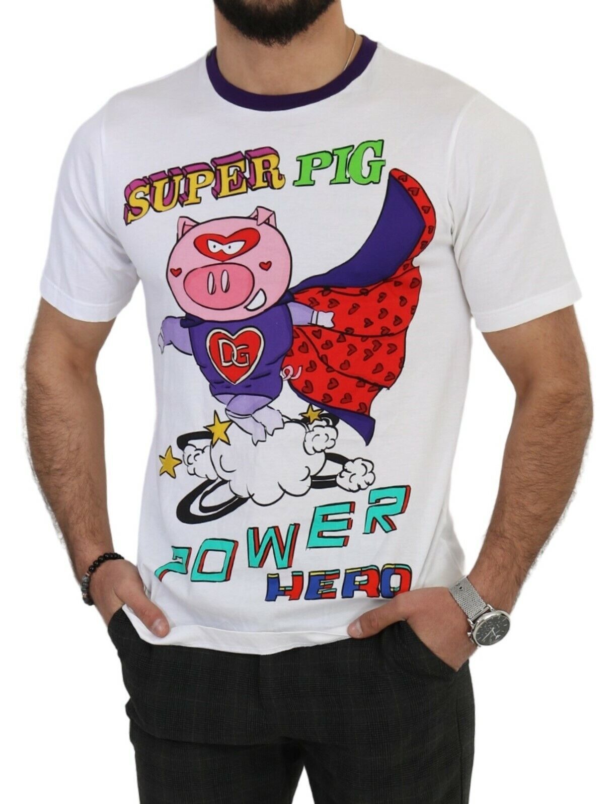 T-shirt blanc en coton à motif Super Power Pig de Dolce & Gabbana