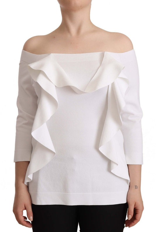 Haut chemisier blanc pour femme, manches longues, épaules dénudées, extérieur.