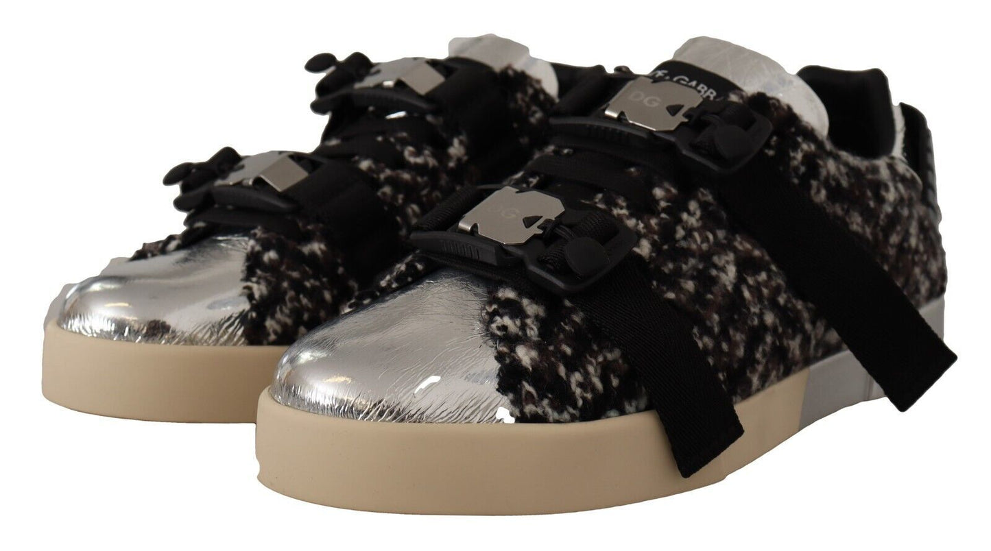 Sneakers en cuir argenté et coton brun avec laine, Dolce & Gabbana