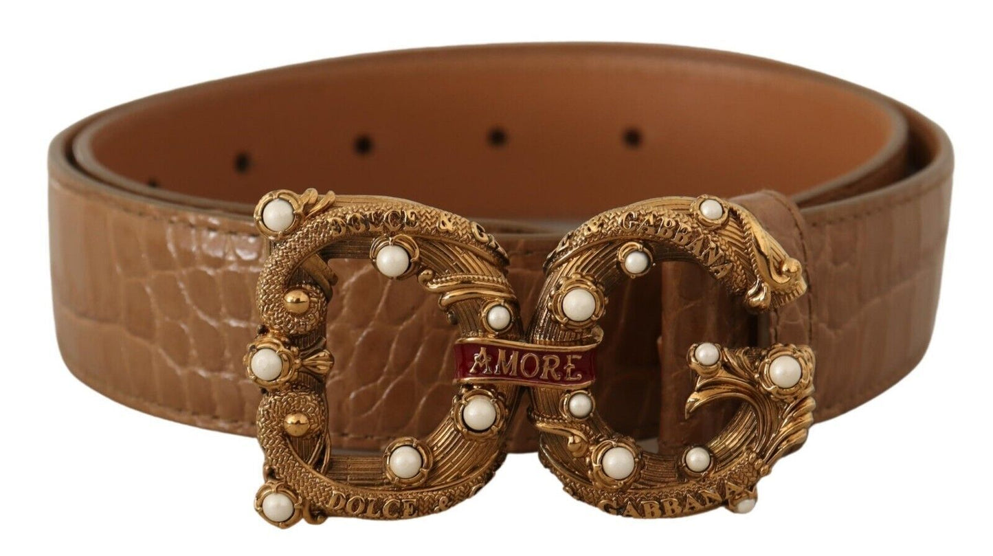 Ceinture Dolce & Gabbana en cuir marron à motif crocodile et logo Amore