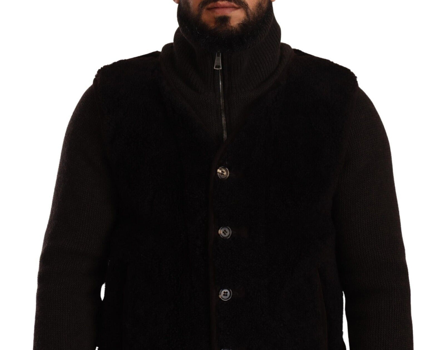 Dolce & Gabbana - Veste-manteau col montant en cuir noir pour homme