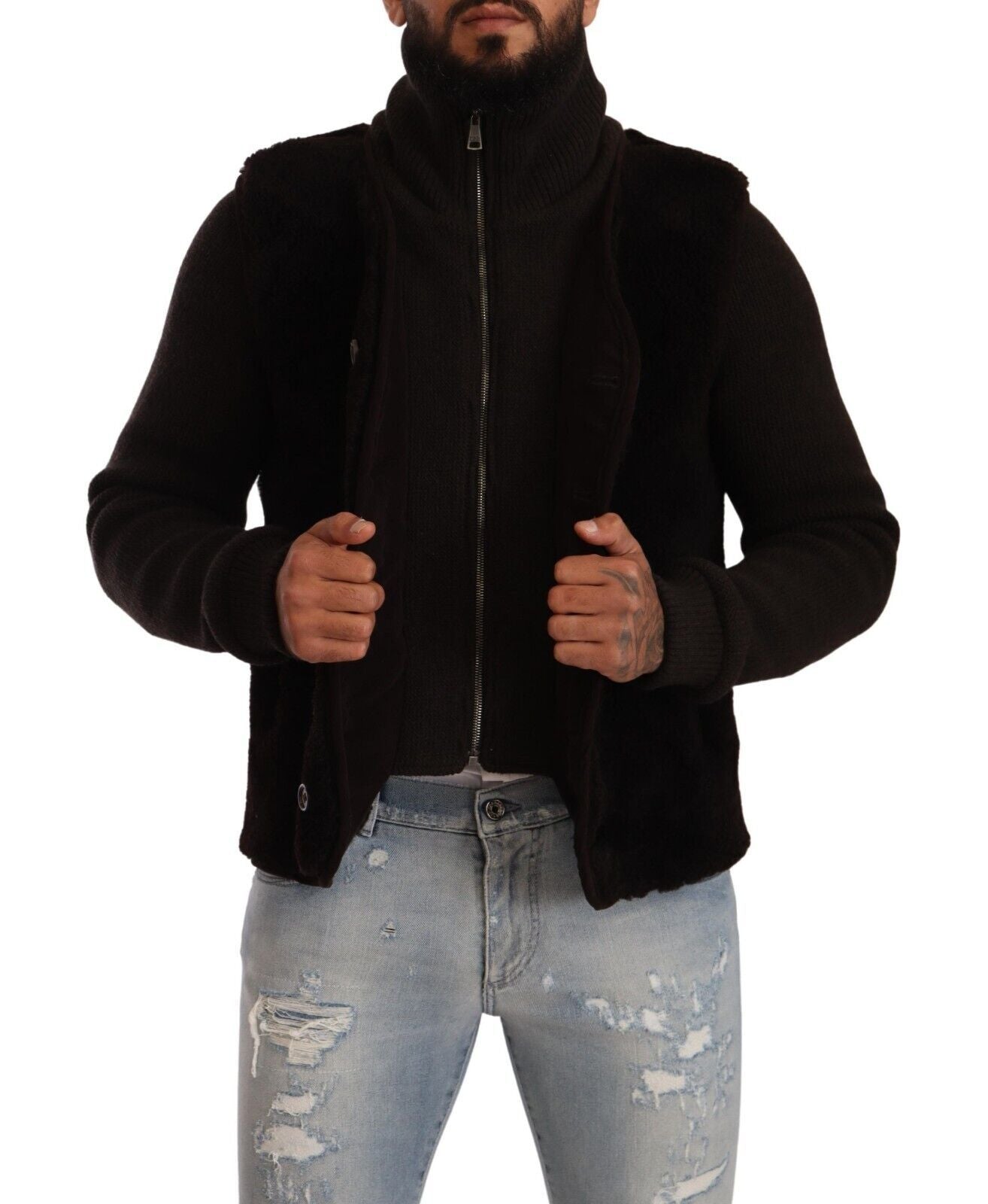 Dolce & Gabbana - Veste-manteau col montant en cuir noir pour homme