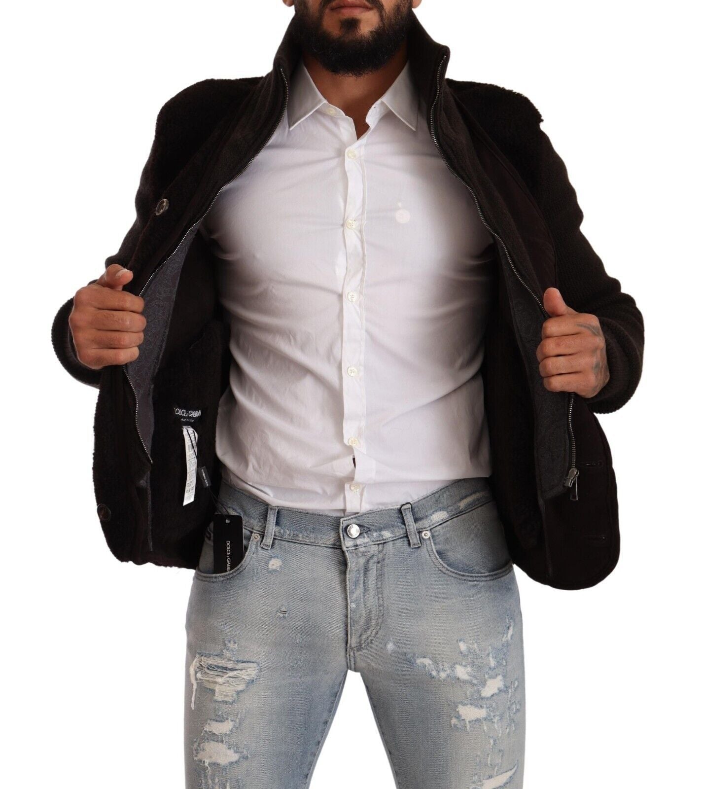 Dolce & Gabbana - Veste-manteau col montant en cuir noir pour homme