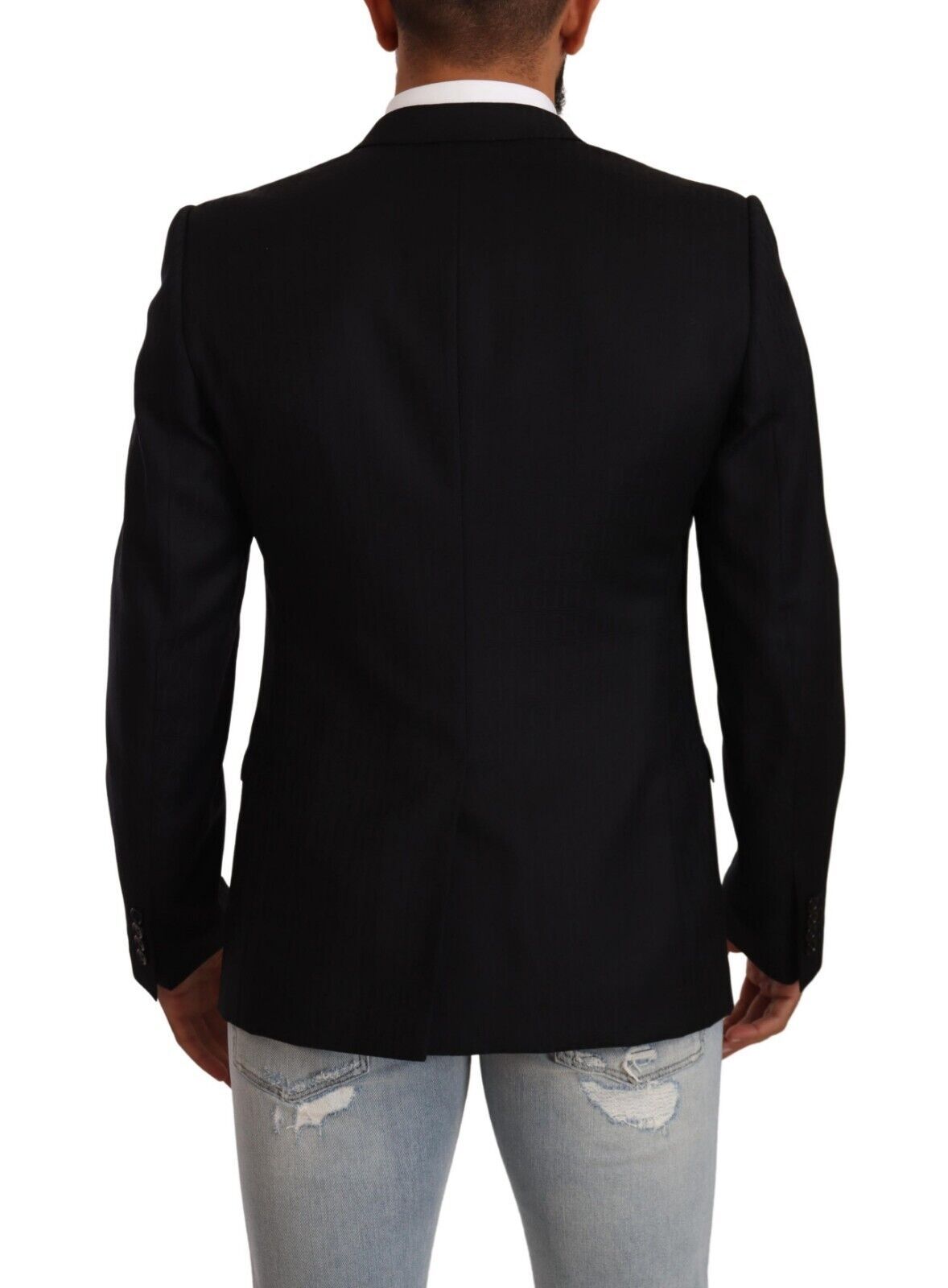 Dolce & Gabbana Costume-cravate noir en laine à simple boutonnage, veste dorée.