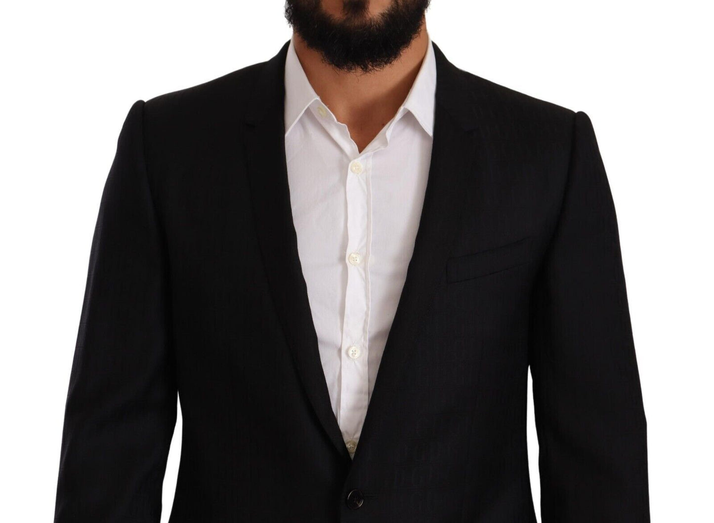 Dolce & Gabbana Costume-cravate noir en laine à simple boutonnage, veste dorée.