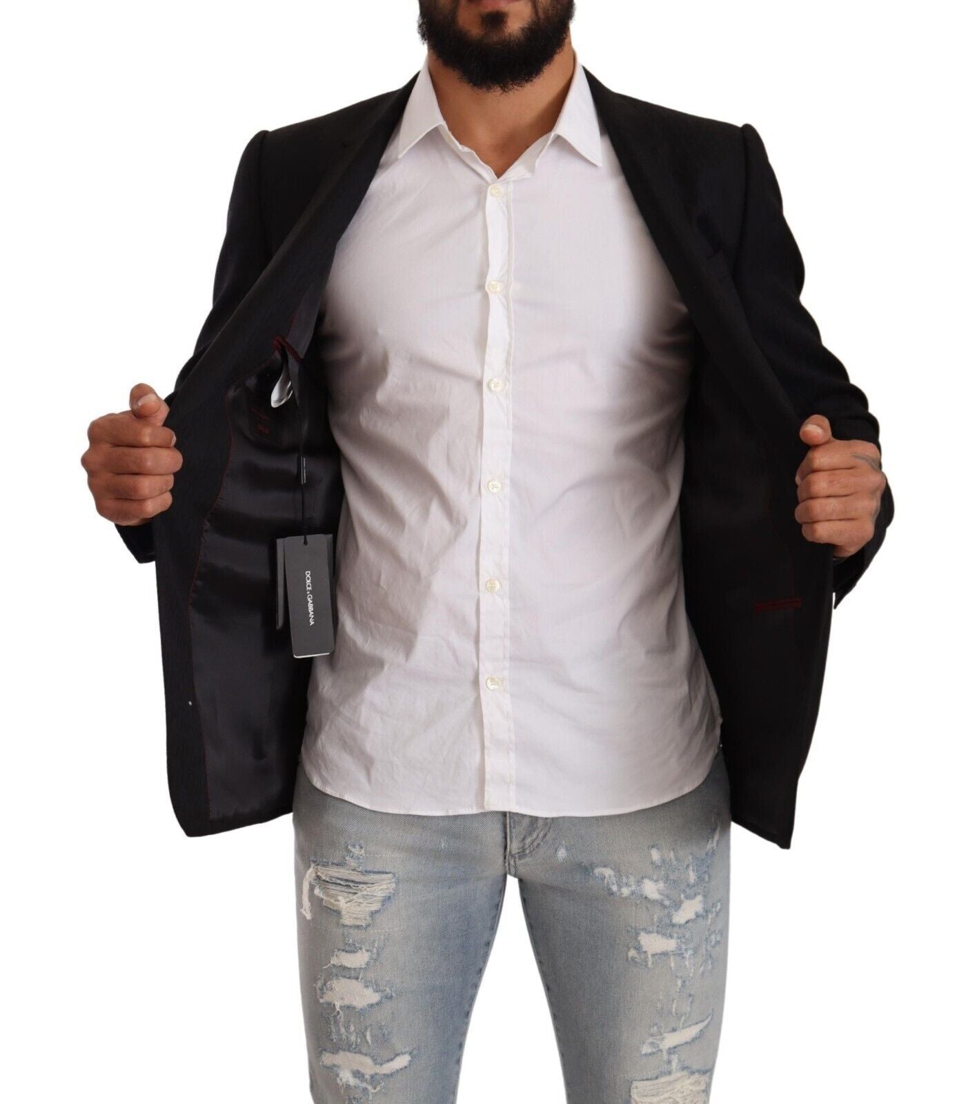Dolce & Gabbana Costume-cravate noir en laine à simple boutonnage, veste dorée.