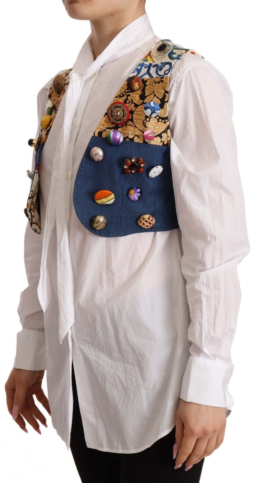 Dolce & Gabbana Multicolor Embellished Waist Coat Cotton Top
