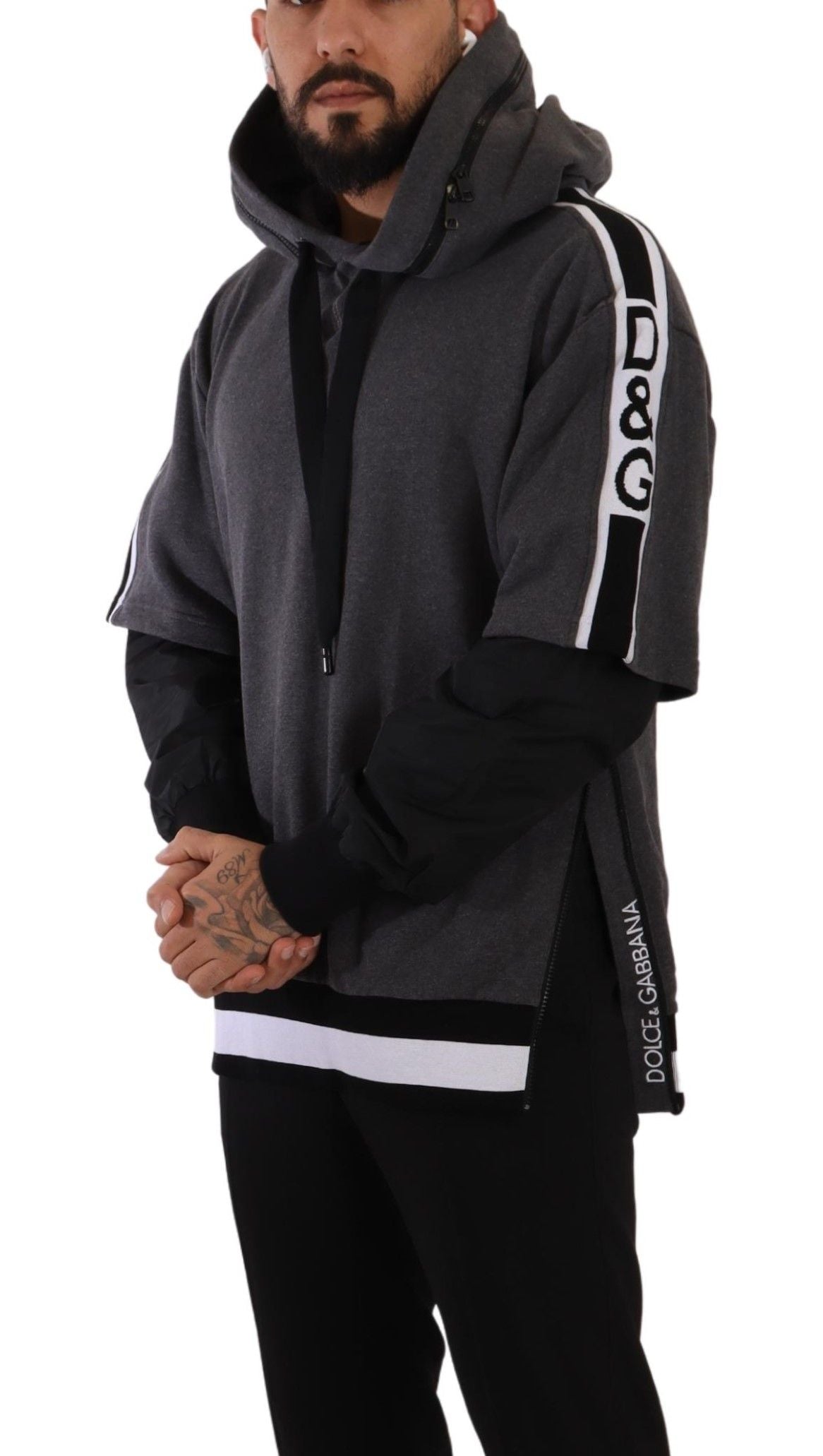 Pull à capuche en coton gris et noir Dolce & Gabbana #DGMILLENNIALS