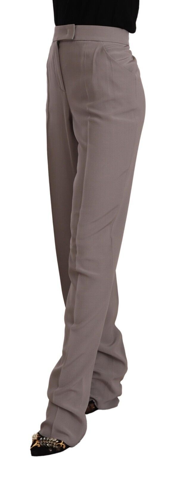 Armani bruine, taps toelopende, lange broek van zijde met hoge taille.
