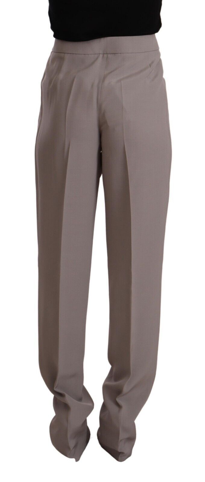 Armani bruine, taps toelopende, lange broek van zijde met hoge taille.