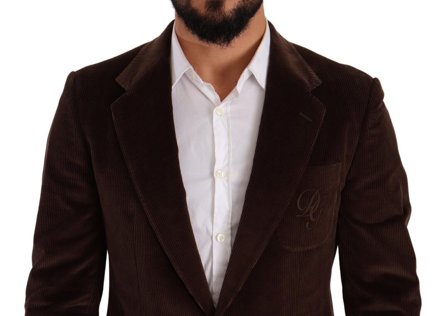 Dolce & Gabbana, manteau en velours côtelé brun, coupe ajustée, blazer avec logo DG.