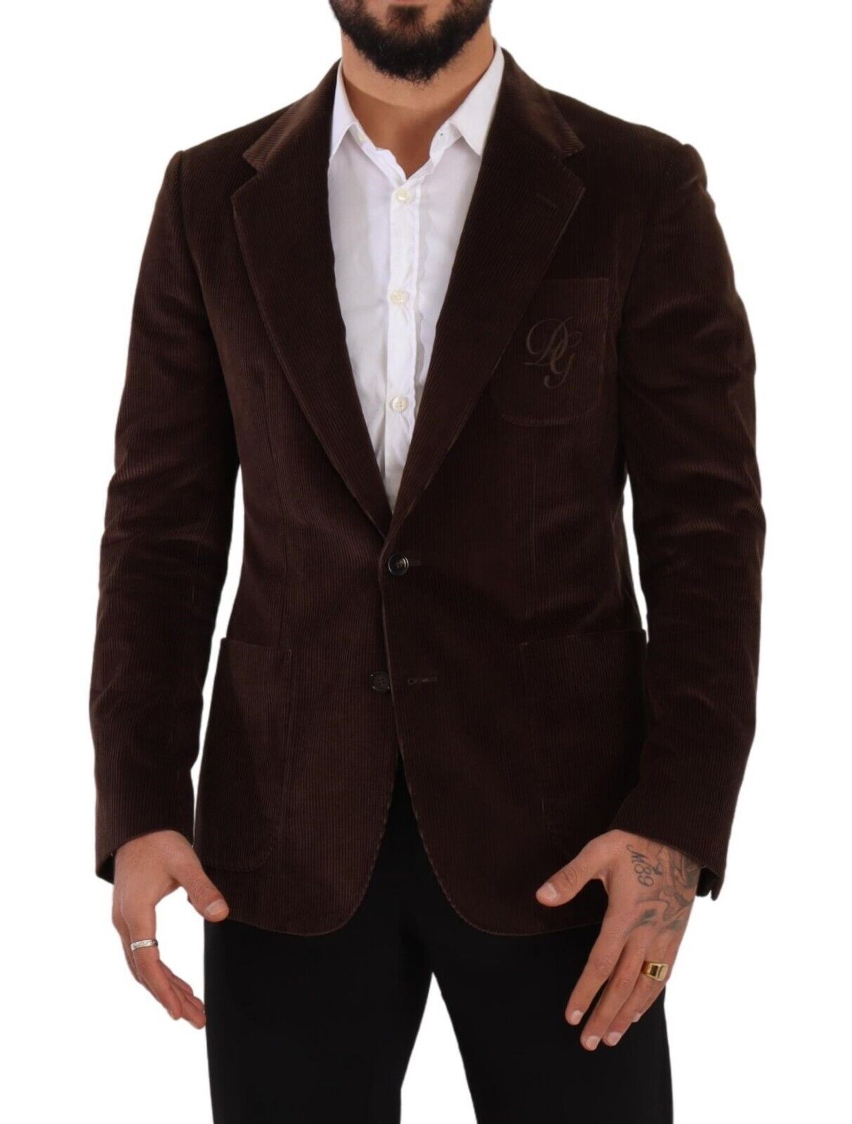 Dolce & Gabbana, manteau en velours côtelé brun, coupe ajustée, blazer avec logo DG.