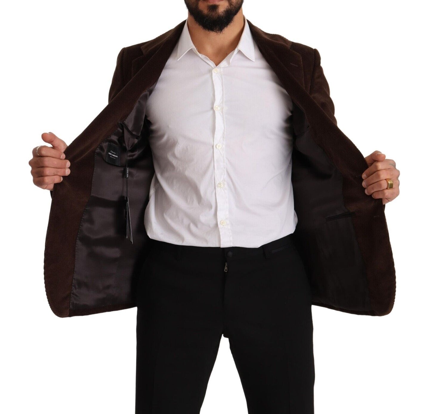 Dolce & Gabbana, manteau en velours côtelé brun, coupe ajustée, blazer avec logo DG.
