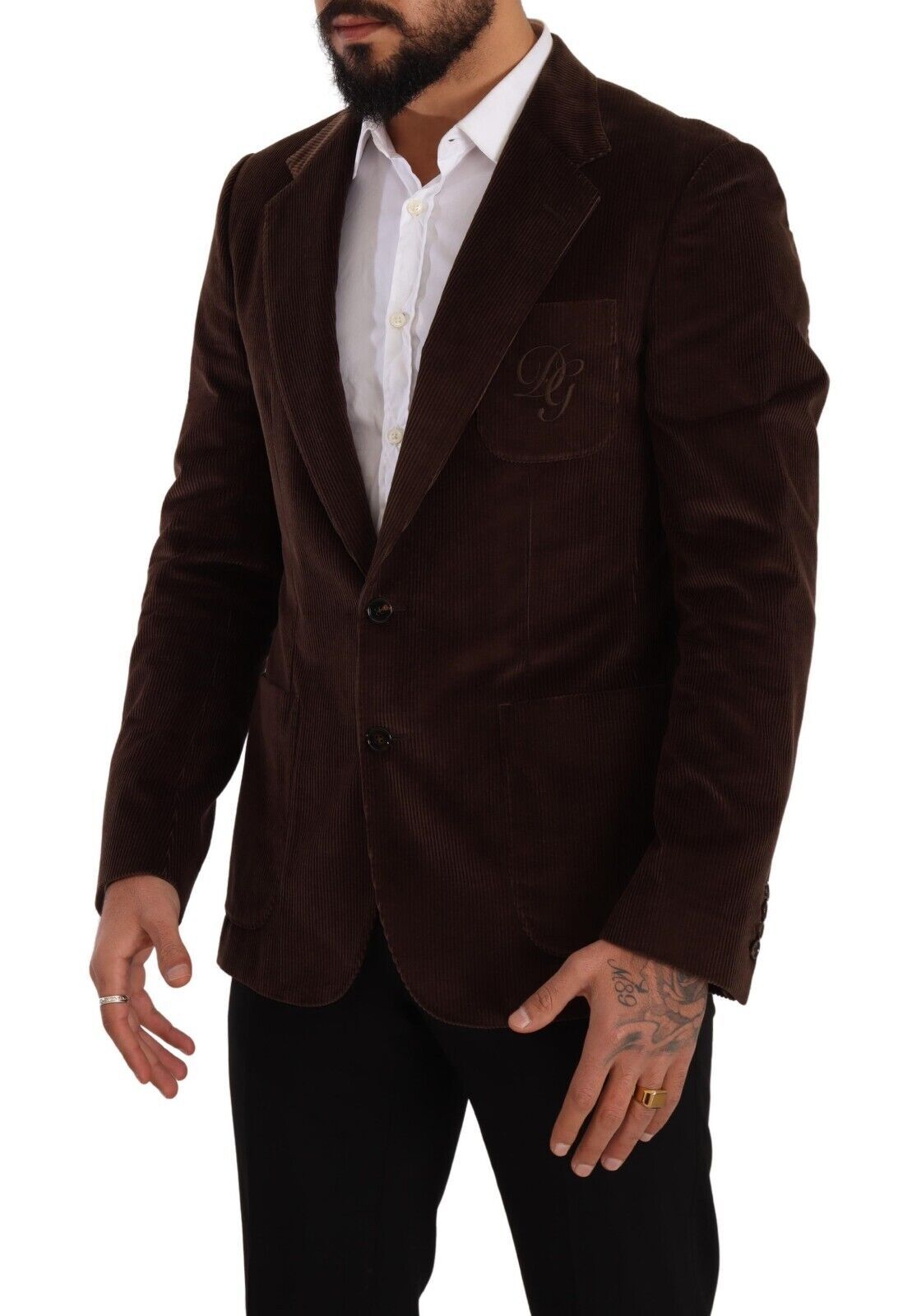 Dolce & Gabbana, manteau en velours côtelé brun, coupe ajustée, blazer avec logo DG.