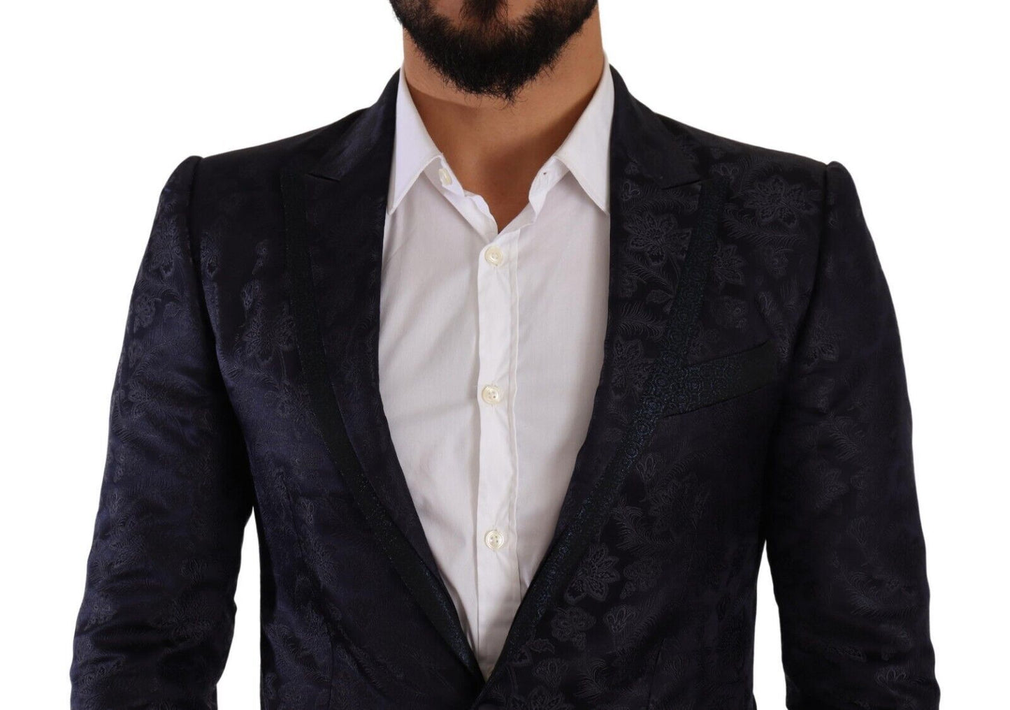 Dolce & Gabbana, manteau en soie jacquard bleu à motifs floraux, veste MARTINI.